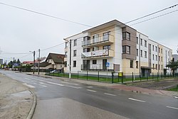 Ostródzka Street located in Brzeziny, in 2017.