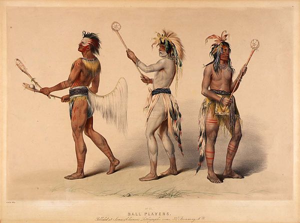 Ball players, a colour lithograph by George Catlin, illustrates various Native Americans playing lacrosse.