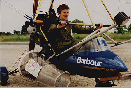 An ultralight trike showing the triangular control bar used in weight shift control Barnes Wallis Moth Machine.jpeg