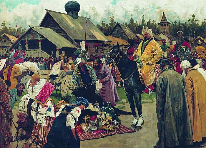 13世紀、モンゴル人徴税官バスカクがロシアの市場をおとずれた光景を描いた絵画（1902年画）  バスカクは「タタールのくびき」の象徴といわれる[2]。