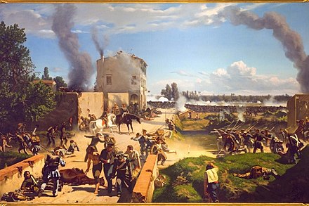 The battle of Curtatone and Montanara, during which the Tuscan and Neapolitan volunteers bravely defended the Italian formation. Painting by Pietro Senna.