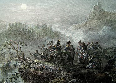 A lithograph showing several men, obviously soldiers because they are wearing uniforms and bearing weapons, on a battlefield in the moonlight. In the background stands a castle on a tall peak; between the castle and the men are steep valleys, smoke from cannons, and other indications of violence. The full moon shines on the battlefield.