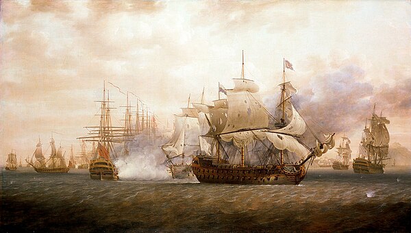 Hood's anchored fleet repels de Grasse off St Kitts. The Battle of Frigate Bay, 26 January 1782 by Nicholas Pocock