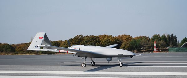 A Turkish Bayraktar TB2 on the runway