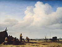 Beach scene 1663 or 1665. oil on panelmedium QS:P186,Q296955;P186,Q106857709,P518,Q861259. 42 × 54 cm (16.5 × 21.2 in). The Hague, Royal Picture Gallery Mauritshuis.