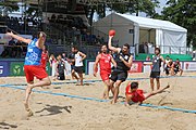 Deutsch: Beachhandball Europameisterschaften 2019 (Beach handball Euro); Tag 2: 3. Juli 2019 – Männer, Vorrunde Gruppe B, Serbien-Portugal 2:0 (20:15, 88:17) English: Beach handball Euro; Day 2: 3 July 2019 – Men Preliminary Round Group B - Serbia-Portugal 2:0 (20:15, 88:17)