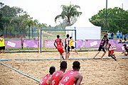 Deutsch: Beachhandball bei den Olympischen Jugendspielen 2018; Tag 6, 11. Oktober 2018; Jungen, Platzierungssspiel Ränge 11-12 – Paraguay-Mauritius 2:0 English: Beach handball at the 2018 Summer Youth Olympics at 11 October 2018 – Boys Placement Match 11-12 – Paraguay-Mauritius 2:0