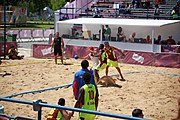 Deutsch: Beachhandball bei den Olympischen Jugendspielen 2018; Tag 4, 10. Oktober 2018; Jungs, Vorrunde, Gruppe A - Spanien-Venezuela 2:0 English: Beach handball at the 2018 Summer Youth Olympics at 10 October 2018 – Boys Preliminary Round Group A – Spain-Venezuela 2:0