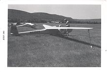 Bill Ivan prepares his Sisu 1A for competition at the 30th National Soaring Championships at Harris Hill, NY in July, 1963. Bill Ivan's Sisu 1A.jpg