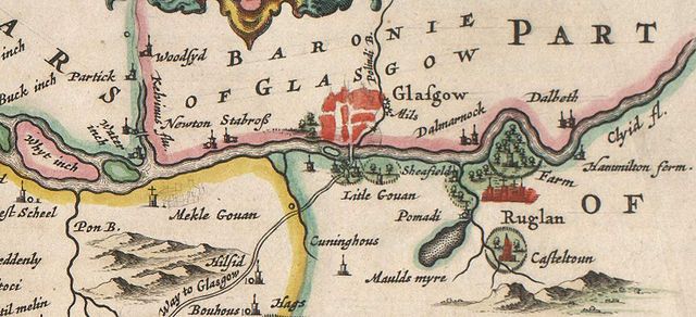 Rutherglen's prominence in late mediaeval Lanarkshire is shown in the Blaeu Atlas of Scotland (1654) - Castlemilk House (‘Casteltoun’), Shawfield and 