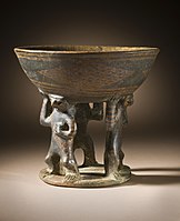 Bowl supported by 3 figures; 850-1500; resist-painted ceramic; height: 28.58 cm (111⁄4 in.), diameter of the bowl: 19.69 cm (73⁄4 in.); from Colombia; Los Angeles County Museum of Art (USA)