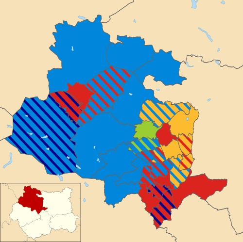 Map of the results of the 2004 Bradford Council election. Conservatives in blue, Labour in red, Liberal Democrats in yellow, Green in green and BNP in navy blue. Bradford UK local election 2004 map.svg
