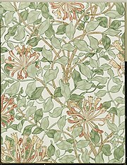 Honeysuckle wallpaper sample. Semi-naturalistic, dense pattern of pink flowers and green leaves.