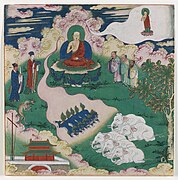 Buddha performing miracles - Schildering uit reeks over de Sarvavid Vairocana Mandala - Mirakels.jpg