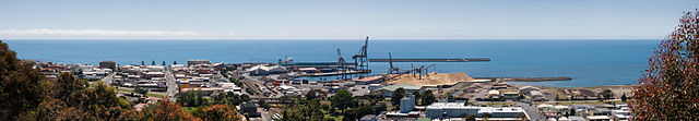 Burnie CBD and Port from Wilfred Campbell Memorial Reserve with Bass Strait behind