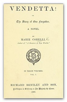 Title page of an early edition of Vendetta. CORELLI(1886) Vendetta.jpg