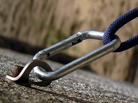 A bolt, bolt hanger, carabiner, and rope employed as a climbing protection system
