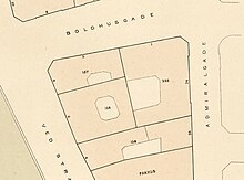 The layout of the property (upper left corner) seen in a detail from one of Berggreen's block plans of East Quarter, 1886-88 Carre-Planer af Kjobenhavn Oster - Kvarter. Plan No. 31 - Ved Stranden 8 and Admiralgade 28.jpg