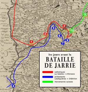 Carte des parcours des combattants avant la bataille de Jarrie