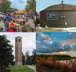 Top left clockwise: Downtown Cedar Falls, Cedar Falls Ice House, Campanile on the University of Northern Iowa campus, and Big Woods Lake Recreation Area