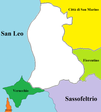 Map with San Leo, Città di San Marino, Fiorentino, Sassofeltrio and Pieve Corena (municipality Verucchio) in vicinity.