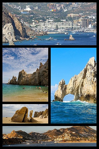 Above, from left to right: Cabo San Lucas Bay, rock formation, Arcos de Cabo San Lucas, Beach and Panoramic.