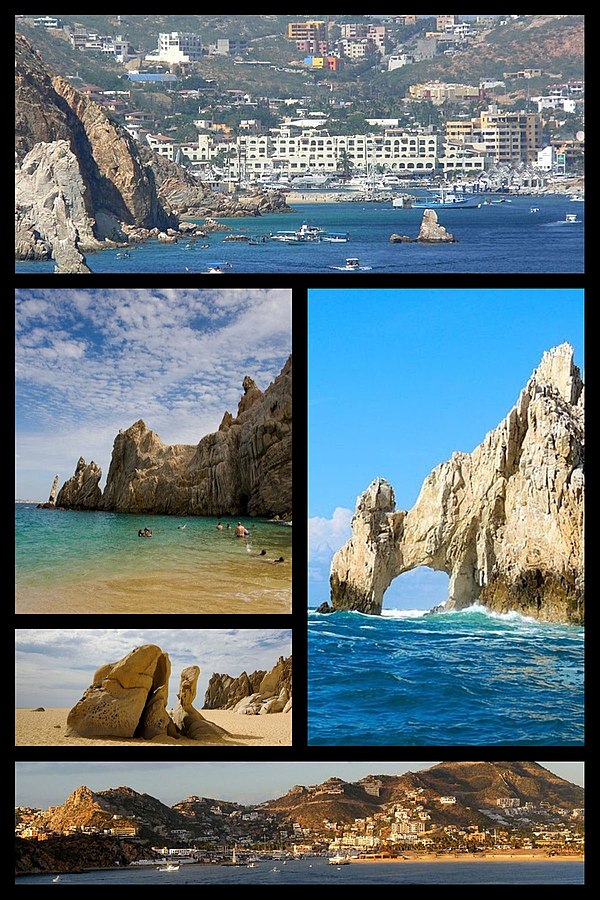 Above, from left to right: Cabo San Lucas Bay, rock formation, Arcos de Cabo San Lucas, Beach and Panoramic.