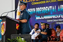 Then-Colonel Paredes giving a welcoming remarks speech during the anniversary of the 250th Presidential Airlift Wing Colonel Allen T. Paredes gives welcome remarks.jpg