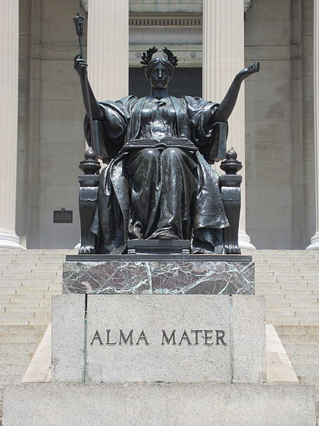 Alma Mater by Daniel Chester French, Columbia University. The alma mater, meaning "nourishing mother" in Latin, is one of the most enduring symbols of