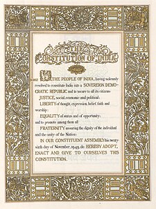The Constitution of India is the longest written constitution for a country, containing 444 articles, 12 schedules, numerous amendments and 117,369 words Constitution of India.jpg