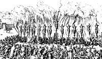 A picture depicting fourteen people being crucified and burned alive by a crowd of soldiers.