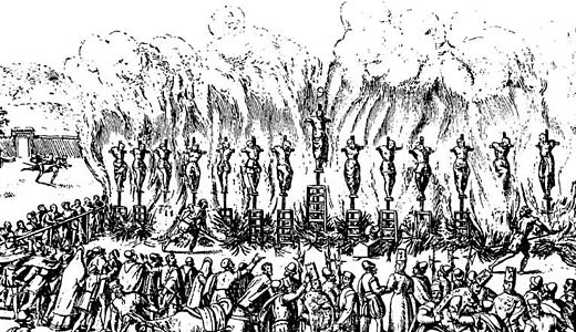 Auto-da-fé of Valladolid, Spain, in which fourteen Protestants were burned at the stake for their Lutheran faith, on 21 May 1559[4]