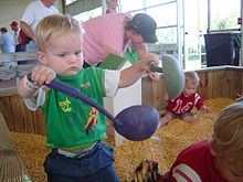 Children playing in a maize kernel box