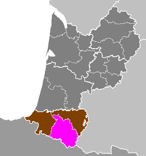 Arrondissement Oloron-Sainte-Marie na mapě regionu Akvitánie (fialově)