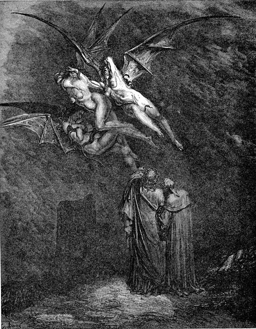 Engraving by Gustave Doré illustrating the Erinyes, chthonic deities of vengeance and death