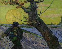 En man som sår framför en stor sol som går ner nära ett stort träd eller Såningsmannen med solnedgång, 1888. van Gogh-museet, Amsterdam.