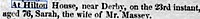 Death notice of Sarah Massey at Hilton House in 1849 Death notice Sarah Massey at Hilton House 1849.jpg