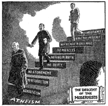 A Fundamentalist cartoon portraying Modernism as the descent from Christianity to atheism, first published in 1922 and then used in Seven Questions in Dispute by William Jennings Bryan. Descent of the Modernists, E. J. Pace, Christian Cartoons, 1922.png