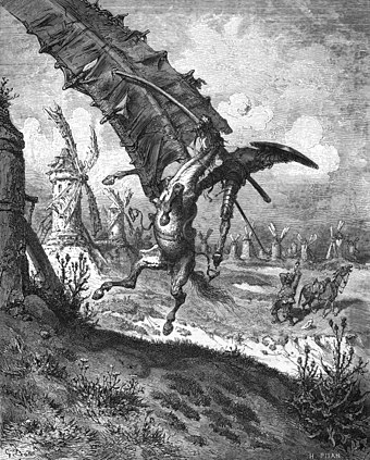 Don Quixote being struck by a windmill (1863 illustration by Gustave Doré).