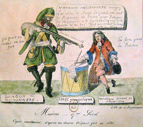 Cartoon of a French dragoon intimidating a Huguenot in the Dragonnades