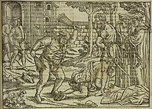 Edmund Bonner punishing a heretic in Foxe's Book of Martyrs (1563) Edmund Bonner punishing a heretic.jpg
