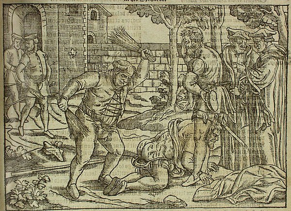 Bishop Bonner punishing a heretic from Foxe's Book of Martyrs (1563)