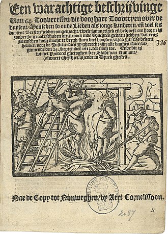 Witch burning in Roermond in 1613 (depicted in Een warachtige beschrijvinge van 64 tooveressen|Een warachtige beschrijvinge van 64 tooveressen) Een warachtige beschrijvinge van 64 tooveressen (1).jpg