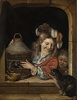 Two children with a cat and birdcage in a window, 1677
