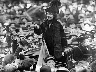 After selling her home, British activist Emmeline Pankhurst travelled constantly, giving speeches throughout Britain and the United States. One of her most famous speeches, Freedom or death, was delivered in Connecticut in 1913. Emmeline Pankhurst adresses crowd.jpg