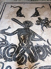 dessin noir sur fonc blanc, Triton nu aux jambes enroulées