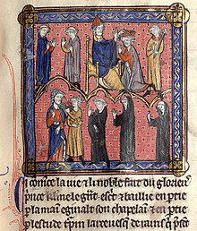 II. István pápa megkoronázza Kis Pippint, III. Childerichet trónfosztják (Grandes Chroniques de France)
