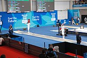 Deutsch: Fechten bei den Olympischen Jugend-Sommerspielen 2018: Tag 1, 7. Oktober 2018, Jungen, Säbel, Viertelfinale - Samuel Jarry (FRA) - Mazen Elaraby (EGY) 14:15 English: Fencing at the 2018 Summer Youth Olympics at 7 October 2018 – Boys' sabre Quarterfinals – Samuel Jarry (FRA) Vs Mazen Elaraby (EGY) 14:15