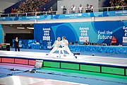 Deutsch: Fechten bei den Olympischen Jugend-Sommerspielen 2018: Tag 1, 7. Oktober 2018, Jungen, Säbel, Finale - Krisztián Rabb (HUN) - Hyun Jun (KOR) (USA) 15:13 English: Fencing at the 2018 Summer Youth Olympics at 7 October 2018 – Boys' sabre Gold medal match – Krisztián Rabb (HUN) Vs Hyun Jun (KOR) (USA) 15:13