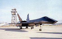 Full-scale MiG 31 Firefox model used in the film "Firefox" parked at Van Nuys Airport, California in May 1982 Fire Fox Mock Up.jpg